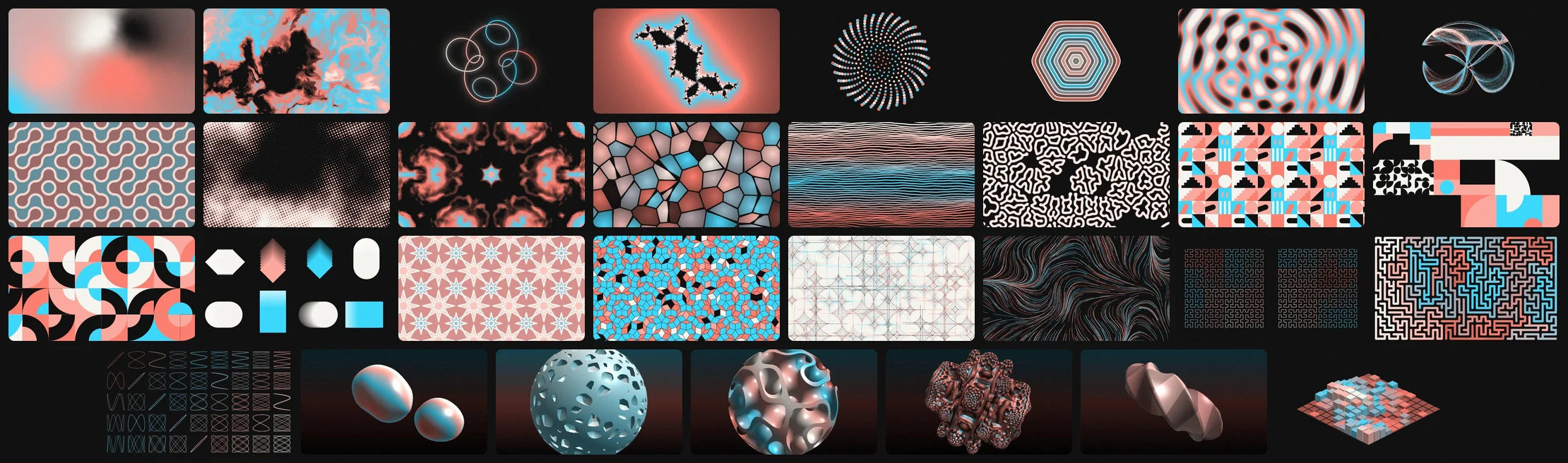 Alle 31 generators, van gradients en patronen tot lijnkunst en 3D, met hetzelfde palet