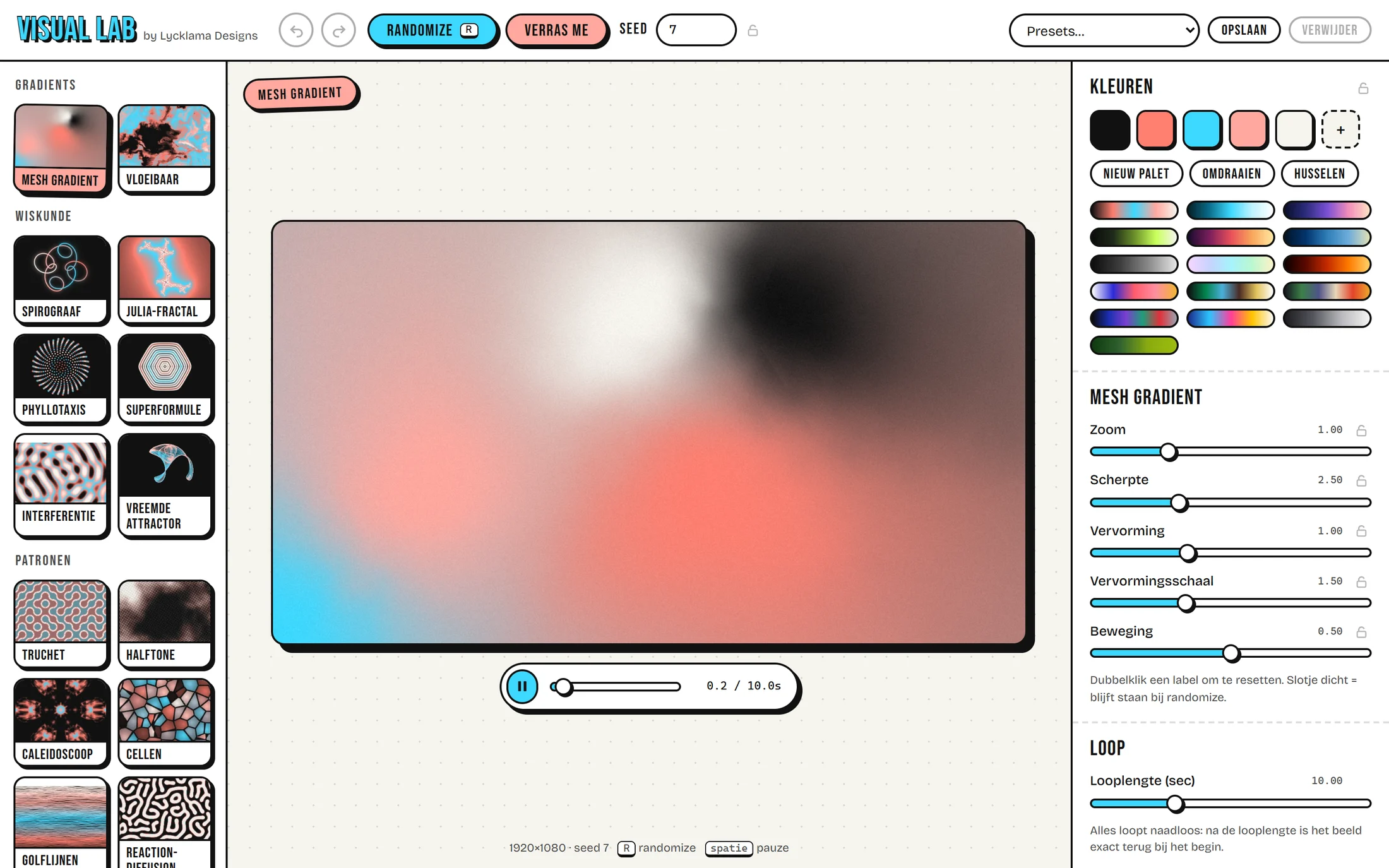 De tool: generators links, het canvas in het midden, kleuren en sliders rechts