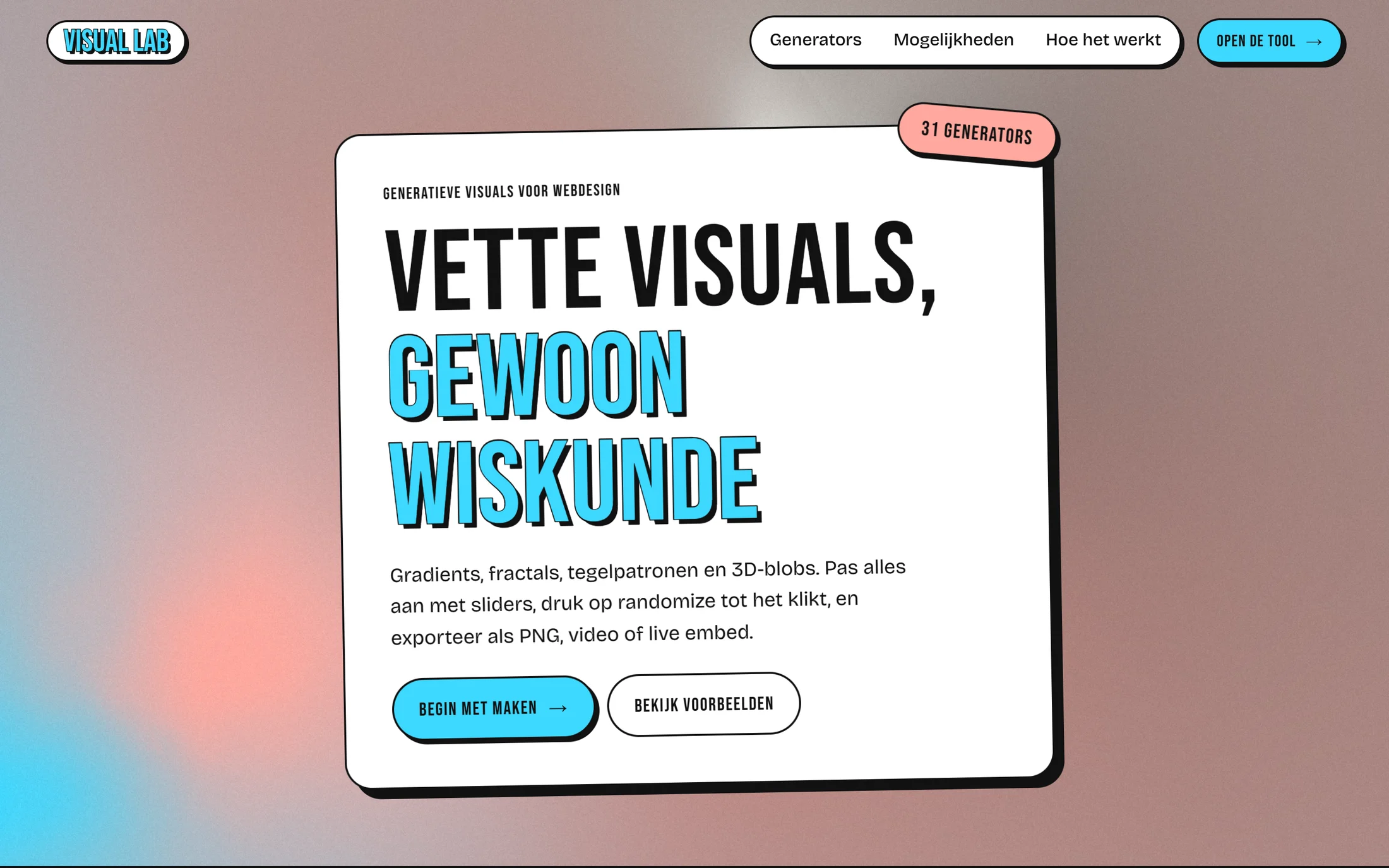 De voorbeeldsite, met een live mesh gradient als achtergrond